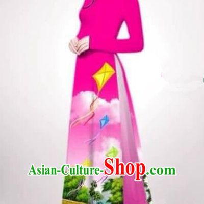 Traditional Top Grade Asian Vietnamese Costumes Dance Dress, Vietnam National Female Handmade Printing Rose Ao Dai Dress Cheongsam Clothing for Women