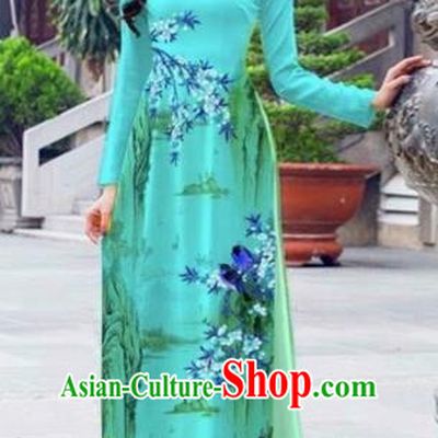Traditional Top Grade Asian Vietnamese Costumes Dance Dress, Vietnam National Female Handmade Chiffon Printing Flowers Blue Ao Dai Dress Cheongsam Clothing for Women