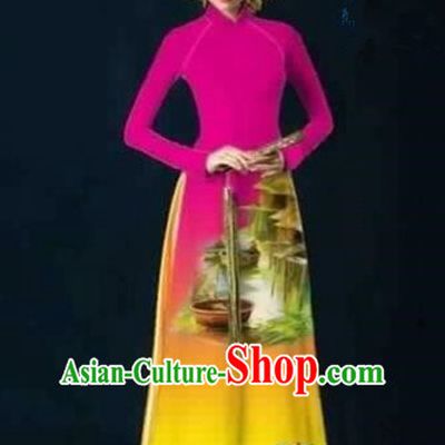 Traditional Top Grade Asian Vietnamese Costumes Dance Dress, Vietnam National Female Handmade Printing Rose Ao Dai Dress Cheongsam Clothing for Women