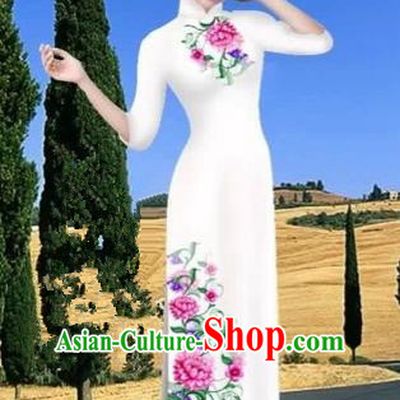 Traditional Top Grade Asian Vietnamese Costumes Dance Dress, Vietnam National Female Handmade Printing Flowers White Ao Dai Dress Cheongsam Clothing for Women