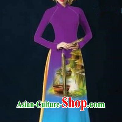 Traditional Top Grade Asian Vietnamese Costumes Dance Dress, Vietnam National Female Handmade Printing Purple Ao Dai Dress Cheongsam Clothing for Women