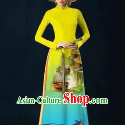 Traditional Top Grade Asian Vietnamese Costumes Dance Dress, Vietnam National Female Handmade Printing Yellow Ao Dai Dress Cheongsam Clothing for Women