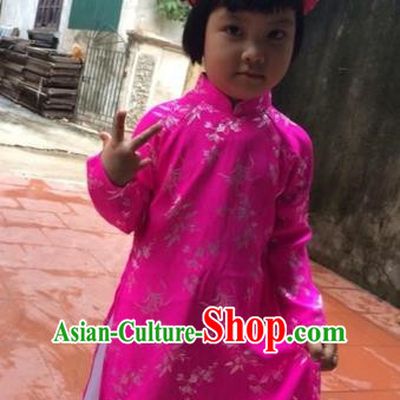 Traditional Top Grade Asian Vietnamese Costumes Dance Dress, Vietnam National Children Handmade Printing Pink Ao Dai Dress Cheongsam Clothing for Kids