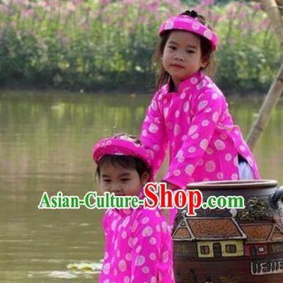 Traditional Top Grade Asian Vietnamese Costumes Dance Dress, Vietnam National Children Handmade Printing Pink Ao Dai Dress Cheongsam Clothing for Kids