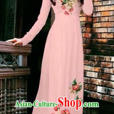 Traditional Top Grade Asian Vietnamese Costumes Dance Dress, Vietnam National Female Handmade Printing Flowers Pink Chiffon Ao Dai Dress Cheongsam Clothing for Women