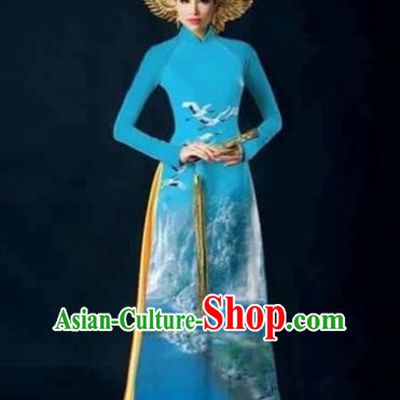 Traditional Top Grade Asian Vietnamese Costumes Dance Dress, Vietnam National Female Handmade Printing Flowers Blue Ao Dai Dress Cheongsam Clothing for Women