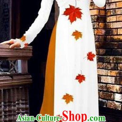 Traditional Top Grade Asian Vietnamese Costumes Dance Dress, Vietnam National Female Handmade Printing Maple Leaf White Ao Dai Dress Cheongsam Clothing for Women