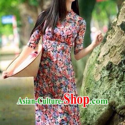 Traditional Top Grade Asian Vietnamese Costumes Dance Dress, Vietnam National Female Handmade Printing Shivering Ao Dai Dress Cheongsam Clothing for Women
