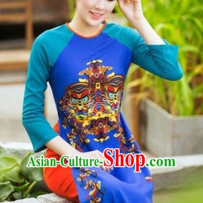 Traditional Top Grade Asian Vietnamese Costumes, Vietnam National Female Handmade Ao Dai Dress Cheongsam Printing Clothing for Women