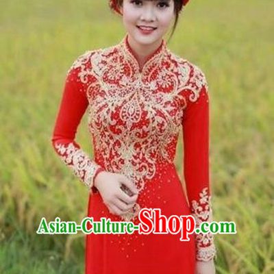 Traditional Top Grade Asian Vietnamese Costumes Dance Dress, Vietnam National Female Handmade Bride Wedding Ao Dai Dress Cheongsam Clothing for Women