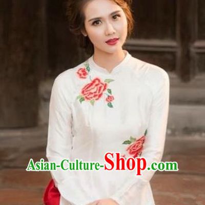 Traditional Top Grade Asian Vietnamese Costumes Dance Dress, Vietnam National Female Handmade White Printing Flowers Ao Dai Dress Cheongsam Clothing for Women