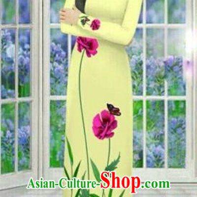 Traditional Top Grade Asian Vietnamese Costumes Dance Dress, Vietnam National Female Handmade Green Printing Flowers Ao Dai Dress Cheongsam Clothing for Women