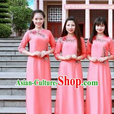 Traditional Top Grade Asian Vietnamese Costumes Dance Dress, Vietnam National Female Handmade Wedding Pink Bridesmaid Ao Dai Dress Cheongsam Clothing for Women