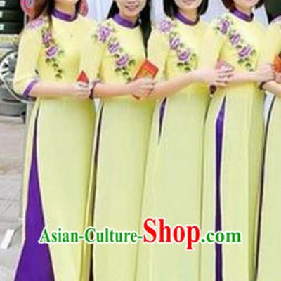 Traditional Top Grade Asian Vietnamese Costumes Dance Dress, Vietnam National Female Handmade Wedding Green Bridesmaid Ao Dai Dress Cheongsam Clothing for Women