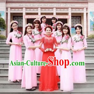 Traditional Top Grade Asian Vietnamese Costumes Dance Dress, Vietnam National Female Handmade Wedding Pink Bridesmaid Embroidered Ao Dai Dress Cheongsam Clothing for Women