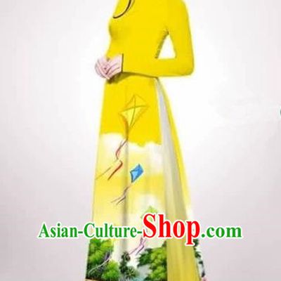 Traditional Top Grade Asian Vietnamese Costumes Dance Dress, Vietnam National Female Handmade Queen Printing Yellow Ao Dai Dress Cheongsam Clothing for Women