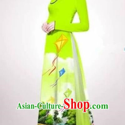 Traditional Top Grade Asian Vietnamese Costumes Dance Dress, Vietnam National Female Handmade Queen Printing Green Ao Dai Dress Cheongsam Clothing for Women