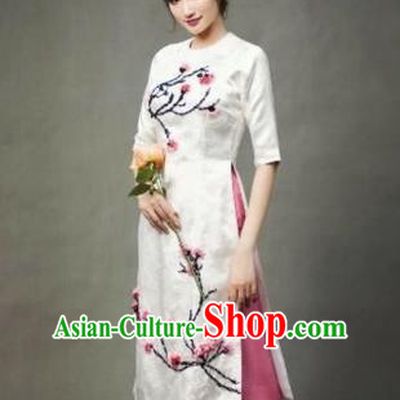 Traditional Top Grade Asian Vietnamese Costumes Dance Dress, Vietnam National Female Handmade Queen White Embroidery Flowers Ao Dai Dress Cheongsam Clothing for Women
