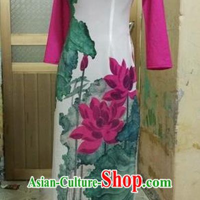Traditional Top Grade Asian Vietnamese Costumes Dance Dress, Vietnam National Female Handmade Queen Painting Lotus Flowers Ao Dai Dress Cheongsam Clothing for Women