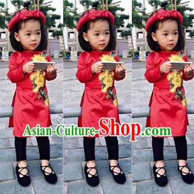Traditional Top Grade Asian Vietnamese Costumes Dance Dress, Vietnam National Children Ao Dai Dress Embroidered Red Cheongsam Clothing for Girls