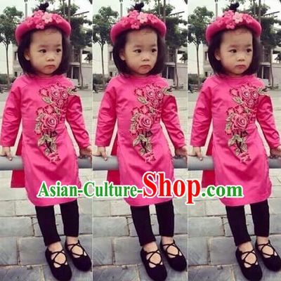 Traditional Top Grade Asian Vietnamese Costumes Dance Dress, Vietnam National Children Ao Dai Dress Embroidered Rose Cheongsam Clothing for Girls