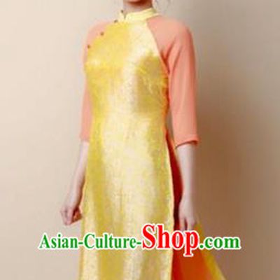 Traditional Top Grade Asian Vietnamese Costumes Dance Dress, Vietnam National Women Ao Dai Dress Golden Cheongsam Clothing