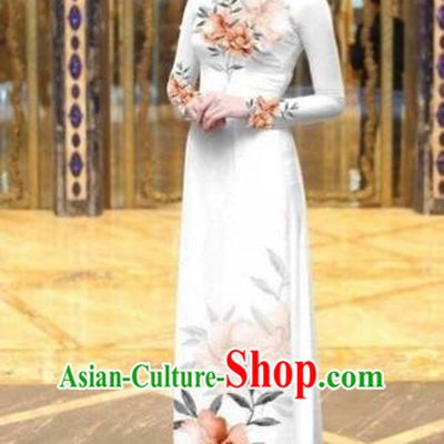 Traditional Top Grade Asian Vietnamese Costumes Dance Dress, Vietnam National Female Handmade Printing Orange Flowers Ao Dai Dress Cheongsam Clothing for Women