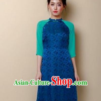 Traditional Top Grade Asian Vietnamese Costumes Dance Dress, Vietnam National Women Ao Dai Dress Peacock Blue Cheongsam Clothing