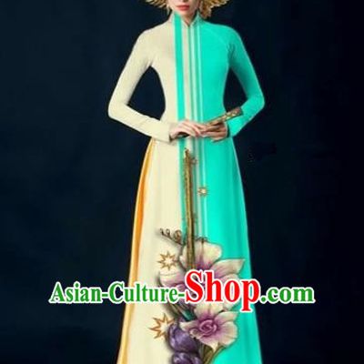 Traditional Top Grade Asian Vietnamese Costumes Dance Dress and Pants Complete Set, Vietnam National Women Ao Dai Dress Flowers Painting Blue Cheongsam Clothing