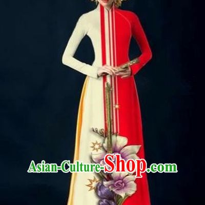 Traditional Top Grade Asian Vietnamese Costumes Dance Dress and Pants Complete Set, Vietnam National Women Ao Dai Dress Flowers Painting Red Cheongsam Clothing