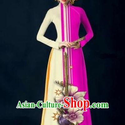 Traditional Top Grade Asian Vietnamese Costumes Dance Dress and Pants Complete Set, Vietnam National Women Ao Dai Dress Flowers Painting Rose Cheongsam Clothing