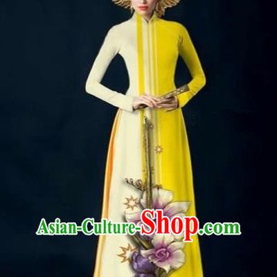 Traditional Top Grade Asian Vietnamese Costumes Dance Dress and Pants Complete Set, Vietnam National Women Ao Dai Dress Flowers Painting Yellow Cheongsam Clothing