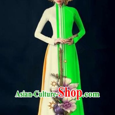 Traditional Top Grade Asian Vietnamese Costumes Dance Dress and Pants Complete Set, Vietnam National Women Ao Dai Dress Flowers Painting Green Cheongsam Clothing
