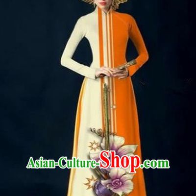 Traditional Top Grade Asian Vietnamese Costumes Dance Dress and Pants Complete Set, Vietnam National Women Ao Dai Dress Flowers Painting Orange Cheongsam Clothing