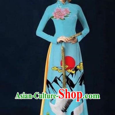Traditional Top Grade Asian Vietnamese Costumes Dance Dress and Pants Complete Set, Vietnam National Women Ao Dai Dress Flowers Crane Painting Blue Cheongsam Clothing