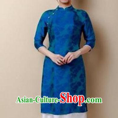 Traditional Top Grade Asian Vietnamese Costumes Dance Dress, Vietnam National Women Ao Dai Dress Blue Embroidered Short Cheongsam Clothing