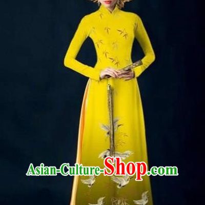 Traditional Top Grade Asian Vietnamese Costumes Dance Dress and Pants Complete Set, Vietnam National Women Ao Dai Dress Crane Painting Yellow Cheongsam Clothing