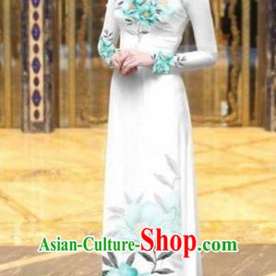 Traditional Top Grade Asian Vietnamese Costumes Dance Dress, Vietnam National Female Handmade Printing Light Blue Flowers Ao Dai Dress Cheongsam Clothing for Women
