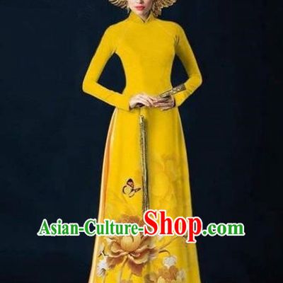 Traditional Top Grade Asian Vietnamese Costumes Dance Dress, Vietnam National Women Ao Dai Dress Printing Peony Flowers Yellow Cheongsam Clothing
