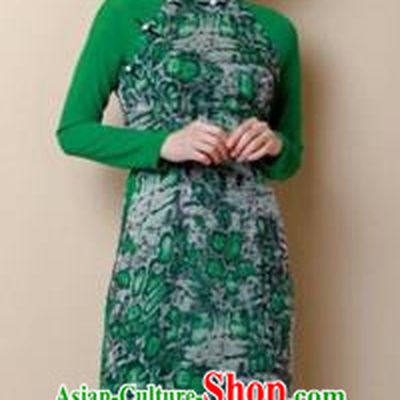 Traditional Top Grade Asian Vietnamese Costumes Dance Dress, Vietnam National Women Ao Dai Dress Printing Green Cheongsam Clothing