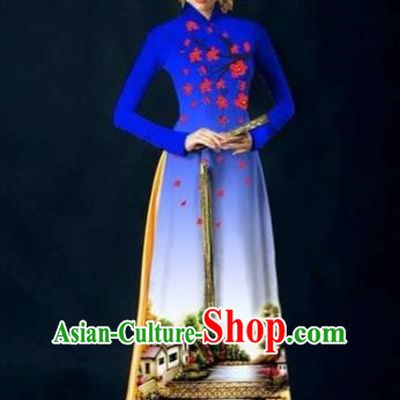 Traditional Top Grade Asian Vietnamese Costumes Dance Dress, Vietnam National Women Ao Dai Dress Printing Plum Blossom Royalblue Cheongsam Clothing