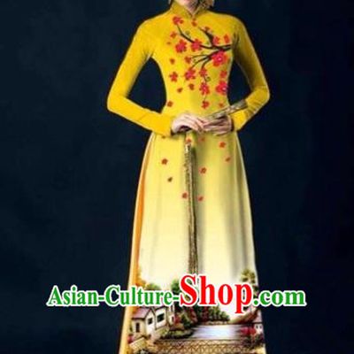 Traditional Top Grade Asian Vietnamese Costumes Dance Dress, Vietnam National Women Ao Dai Dress Printing Plum Blossom Yellow Cheongsam Clothing