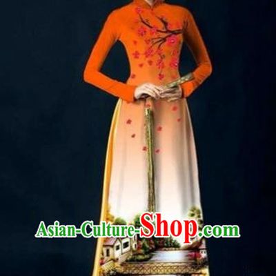 Traditional Top Grade Asian Vietnamese Costumes Dance Dress, Vietnam National Women Ao Dai Dress Printing Plum Blossom Orange Cheongsam Clothing