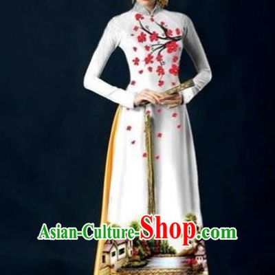 Traditional Top Grade Asian Vietnamese Costumes Dance Dress, Vietnam National Women Ao Dai Dress Printing Plum Blossom White Cheongsam Clothing