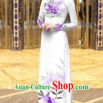 Traditional Top Grade Asian Vietnamese Costumes Dance Dress, Vietnam National Female Handmade Printing Purple Flowers Ao Dai Dress Cheongsam Clothing for Women