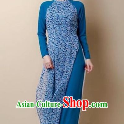 Traditional Top Grade Asian Vietnamese Costumes Dance Dress, Vietnam National Women Ao Dai Dress Blue Cheongsam Clothing