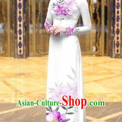 Traditional Top Grade Asian Vietnamese Costumes Dance Dress, Vietnam National Female Handmade Printing Pink Flowers Ao Dai Dress Cheongsam Clothing for Women