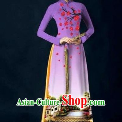 Traditional Top Grade Asian Vietnamese Costumes Dance Dress, Vietnam National Women Ao Dai Dress Printing Plum Blossom Purple Cheongsam Clothing