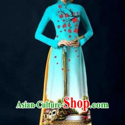 Traditional Top Grade Asian Vietnamese Costumes Dance Dress, Vietnam National Women Ao Dai Dress Printing Plum Blossom Blue Cheongsam Clothing