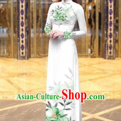 Traditional Top Grade Asian Vietnamese Costumes Dance Dress, Vietnam National Female Handmade Printing Green Flowers Ao Dai Dress Cheongsam Clothing for Women